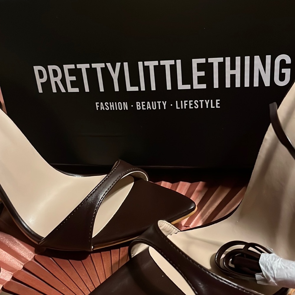 Pretty Little Thing Chocolate Point toe Lace up heeled sandals.